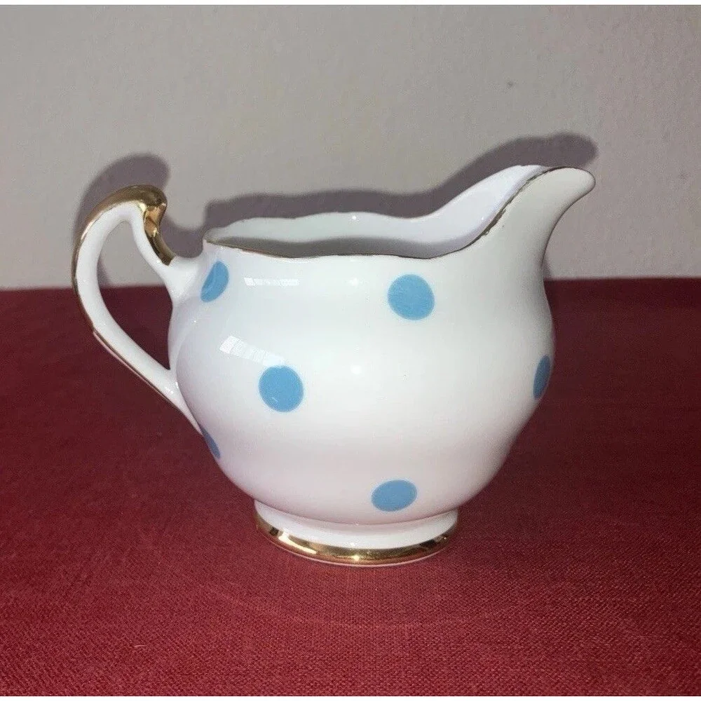Vintage 1960s Royal Vale Bone China Blue & White Polka Dot Creamer Gold Trim